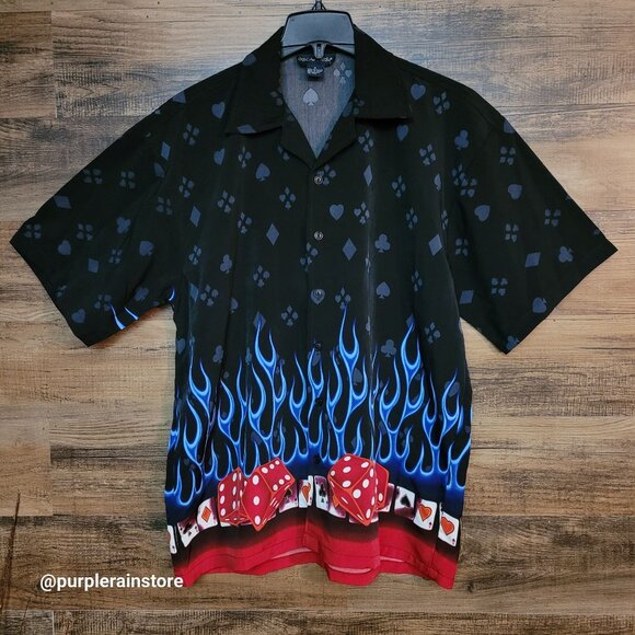 Vtg Oscar Misa Camp Shirt M Flaming Dice Vegas Poker Casino Streetwear 90's Y2K - Picture 1 of 9